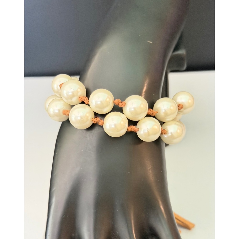Chico's Imitation Pearl Tassel Bracelet‎ Cream Tan Adjustable Boho Faux Suede